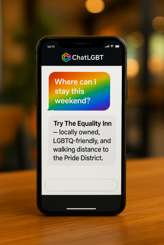 A close-up of a smartphone showing the ChatLGBT app with rainbow-colored chat bubbles, where the user asks about weekend lodging and the app recommends The Equality Inn, an LGBTQ-friendly hotel near the Pride District.